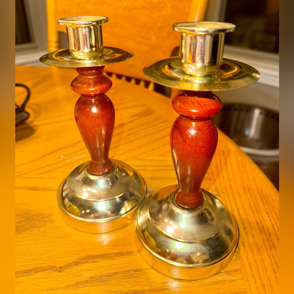 2 VTG Home Interiors Gifts Brass & Wood Candlesticks Mid-Century Modern 7”